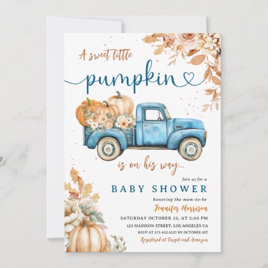 Blue Pumpkin Truck Baby shower Boy Little Pumpkin Kaart (Voorkant)