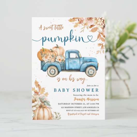 Blue Pumpkin Truck Baby shower Boy Little Pumpkin Kaart (Staand voorkant)