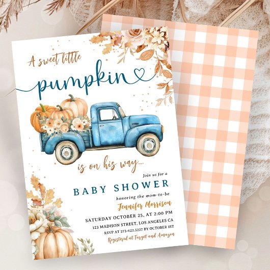 Blue Pumpkin Truck Baby shower Boy Little Pumpkin Kaart