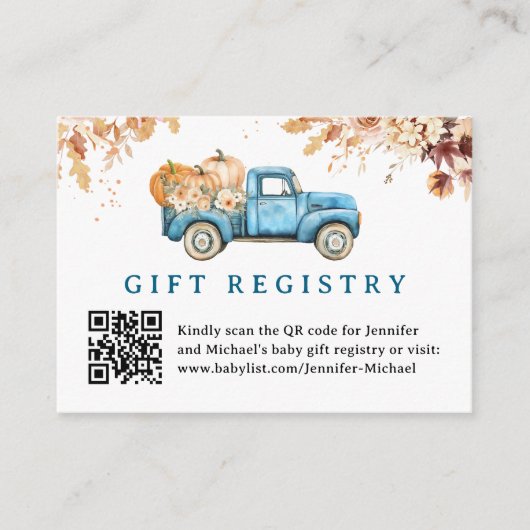 Blue Pumpkin Truck Baby shower Gift Registry Kaart (Voorkant)