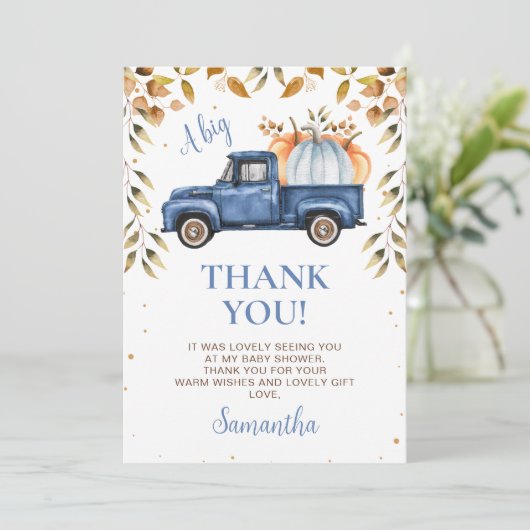 Blue Pumpkin Truck Baby shower Hartelijk dank Kaart (Staand voorkant)