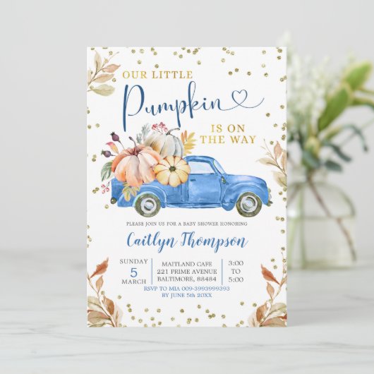 Blue Pumpkin Truck Baby shower Invitation Kaart (Staand voorkant)