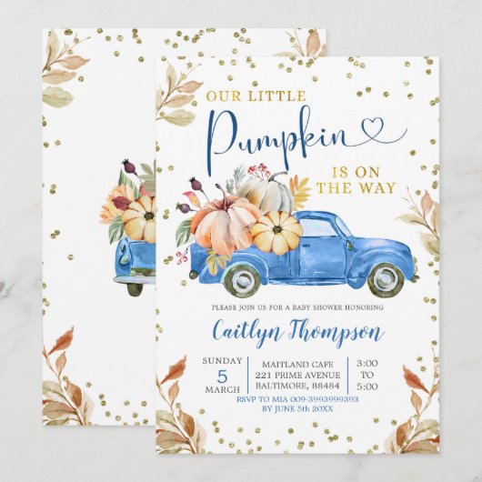 Blue Pumpkin Truck Baby shower Invitation Kaart (Voorkant / Achterkant)