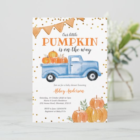 Blue Pumpkin Truck Baby shower Invitation Kaart (Staand voorkant)