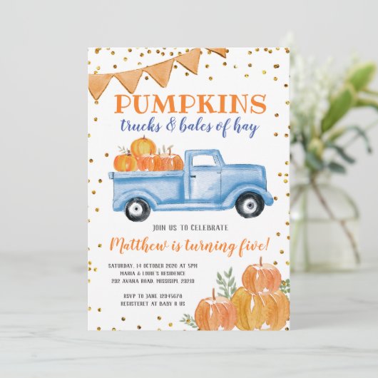 Blue Pumpkin Truck Birthday Invitation Kaart (Staand voorkant)