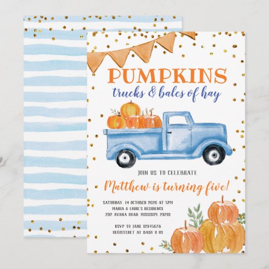 Blue Pumpkin Truck Birthday Invitation Kaart (Voorkant / Achterkant)