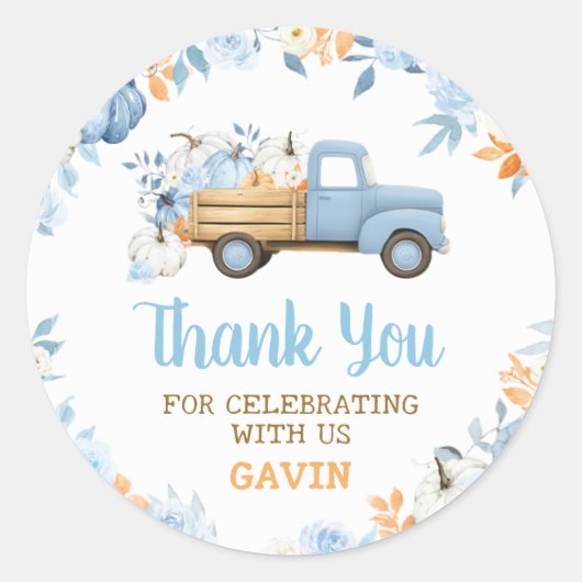 Blue Pumpkin Truck Fall Birthday  Ronde Sticker (Voorkant)