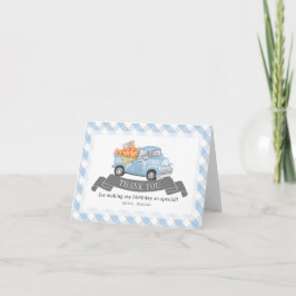 Blue Pumpkin Truck Gingham Boy Verjaardag Bedankkaart