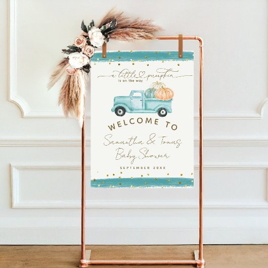 Blue Pumpkin Truck Modern Herfst Baby shower Poster