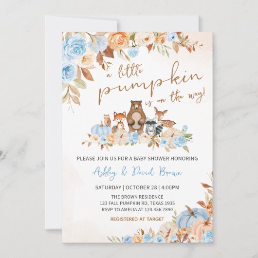 Blue Pumpkin Woodland Baby shower Kaart (Voorkant)