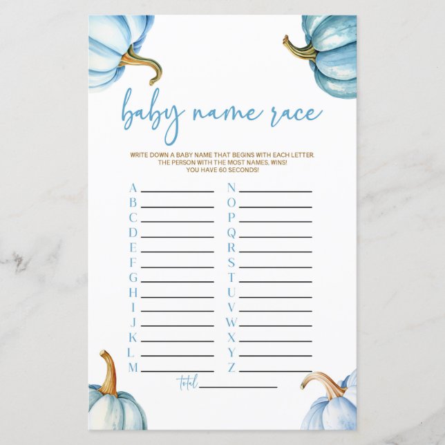 Blue Pumpkins Herfst Naam Race Baby shower Game (Voorkant)
