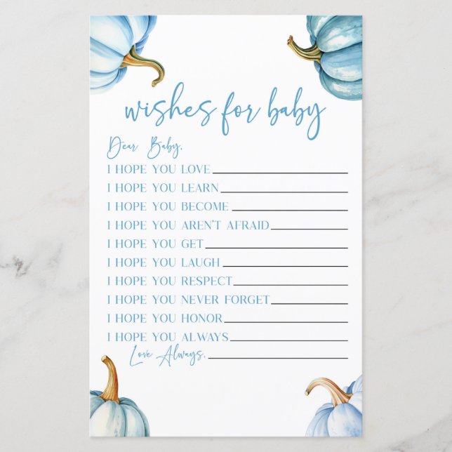 Blue Pumpkins Herfst Wensen voor Baby shower Game (Voorkant)