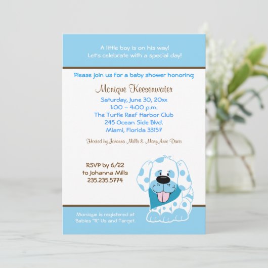 Blue Puppy 5x7 Baby shower Uitnodiging (Staand voorkant)