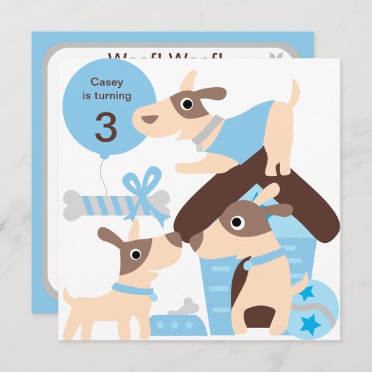 Blue Puppy Dog Aangepaste Birthday-uitnodigingen Kaart (Voorkant / Achterkant)