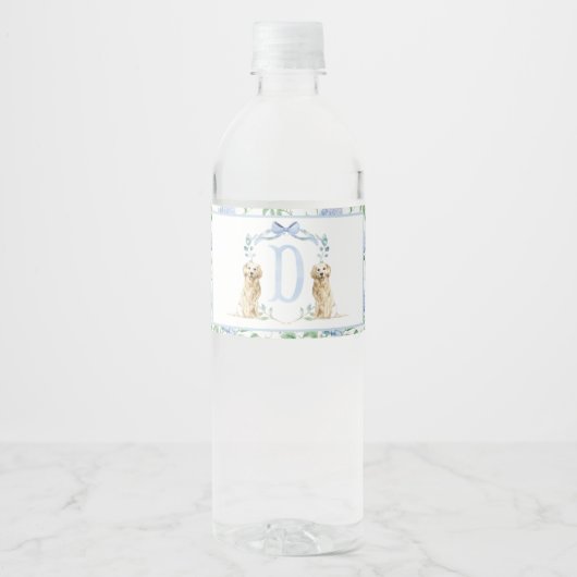 Blue Puppy Dog Baby shower Waterflesetiketten Waterfles Etiket (Voorkant)