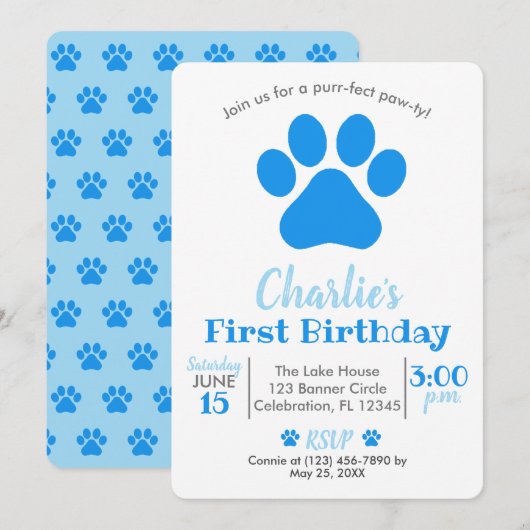 Blue Puppy Dog Birthday Invitation Kaart (Voorkant / Achterkant)