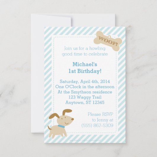 Blue Puppy Dog Invitation with Stripes and Stippen Kaart (Voorkant)