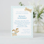 Blue Puppy Dog Invitation with Stripes and Stippen Kaart (Staand voorkant)