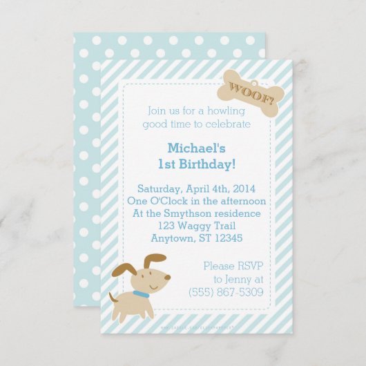 Blue Puppy Dog Invitation with Stripes and Stippen Kaart (Voorkant / Achterkant)