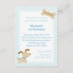 Blue Puppy Dog Invitation with Stripes and Stippen Kaart