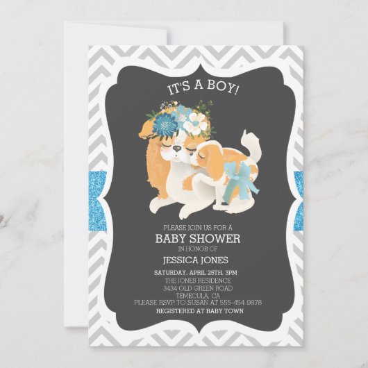 Blue Puppy Dog Mama Glitter Chevron Baby shower Kaart (Voorkant)