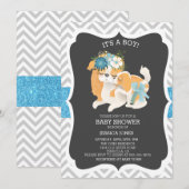 Blue Puppy Dog Mama Glitter Chevron Baby shower Kaart (Voorkant / Achterkant)