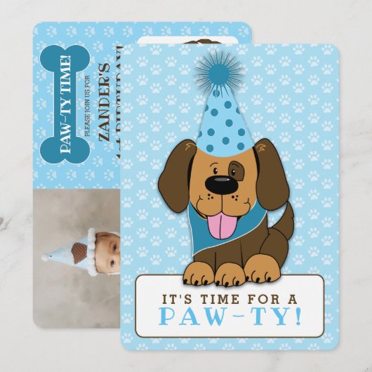 Blue Puppy Dog Photo Paw-ty Double-Sided Birthday Kaart (Voorkant / Achterkant)