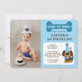 Blue Puppy Dog Photo Paw-ty Double-Sided Birthday Kaart (Achterkant)