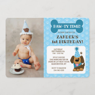 Blue Puppy Dog Photo Paw-ty Double-Sided Birthday Kaart