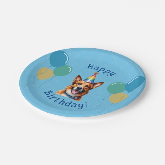 Blue Puppy Dog Verjaardag Paw-ty Papieren Bordje (Gekanteld)