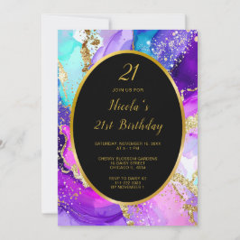 Blue, Purple and Gold Ink Birthday Party Kaart