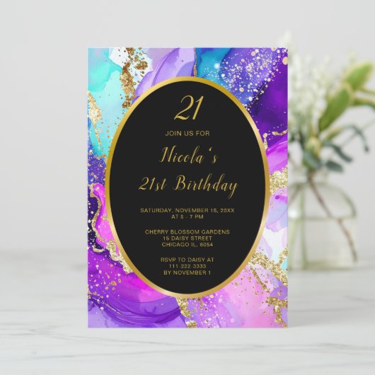 Blue, Purple and Gold Ink Birthday Party Kaart (Staand voorkant)