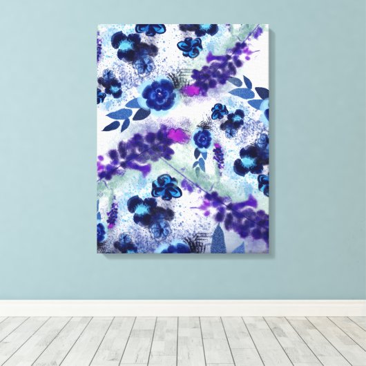 Blue Purple Flowers Patroon Canvas Afdruk (Insitu (Houten vloer))