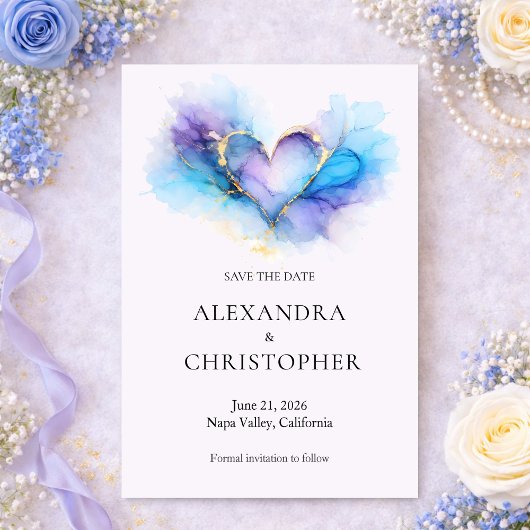Blue Purple Gold Abstract Heart  Save the Date