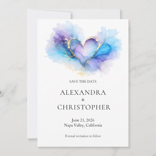 Blue Purple Gold Abstract Heart Save the Date (Voorkant)