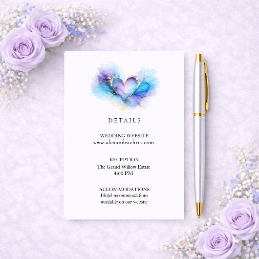 Blue Purple Gold Abstract Heart Wedding Details Informatiekaartje