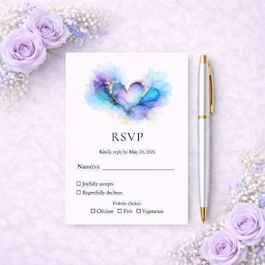 Blue Purple Gold Abstract Heart Wedding RSVP