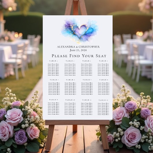 Blue Purple Gold Abstract Heart Wedding Seating  Acryl Bord