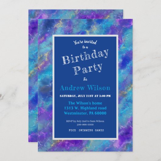 Blue Purple Marble Invitation Kaart (Voorkant / Achterkant)