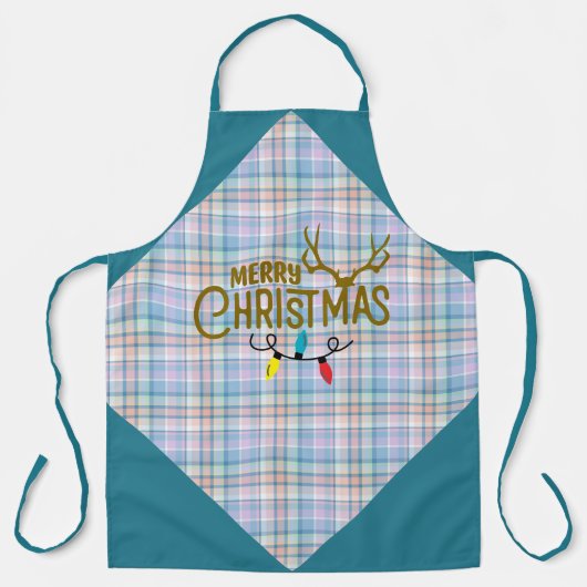 Blue Purple Pink Plaid Merry Christmas Lights Schort (Voorkant)