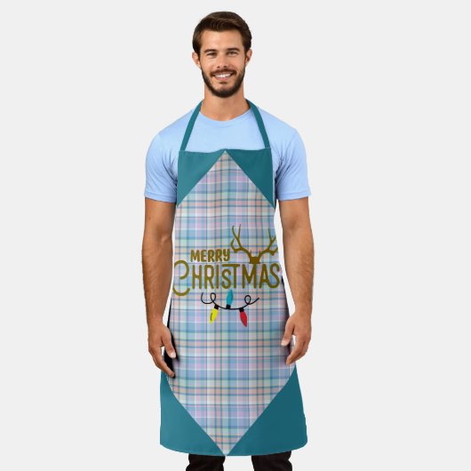 Blue Purple Pink Plaid Merry Christmas Lights Schort (Gedragen)