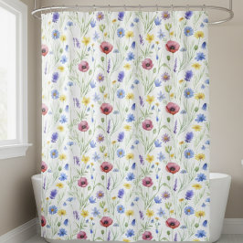 Blue Purple Red Watercolor Wildflower Douchegordijn