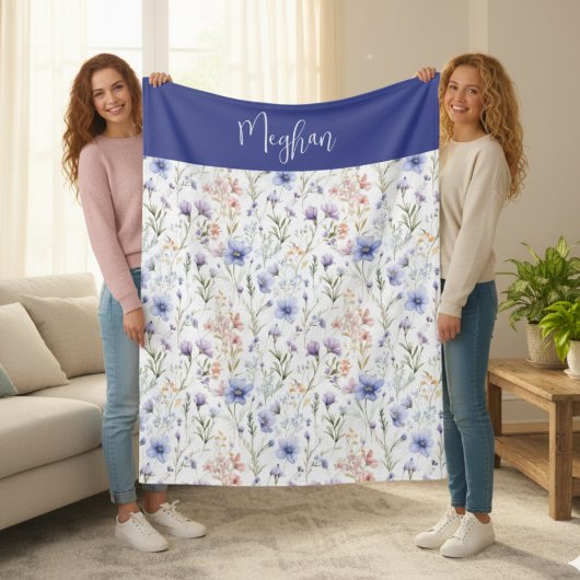 Blue Purple Watercolor Wildflower Name Fleece Deken