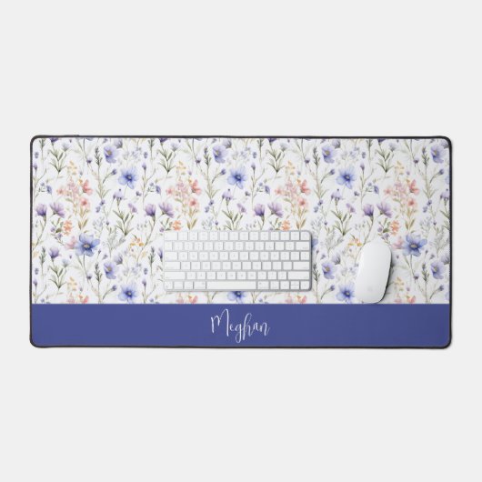 Blue Purple Watercolor Wildflower Name Monogram Bureaumat (Keyboard & Muis)