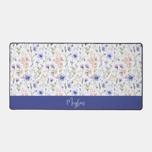 Blue Purple Watercolor Wildflower Name Monogram Bureaumat (Voorkant)
