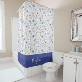 Blue Purple Watercolor Wildflower Name Monogram Douchegordijn