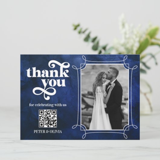 Blue QR Code Bold Typography Thank you Card Kaart (Staand voorkant)