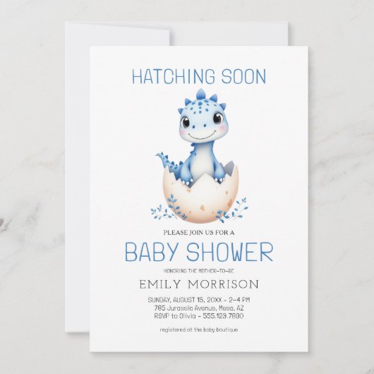Blue QR Code Dinosaur Hatching Soon Baby shower Kaart (Voorkant)