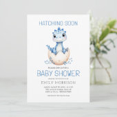 Blue QR Code Dinosaur Hatching Soon Baby shower Kaart (Staand voorkant)