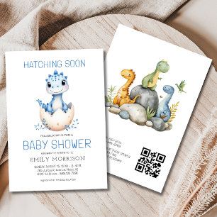 Blue QR Code Dinosaur Hatching Soon Baby shower Kaart